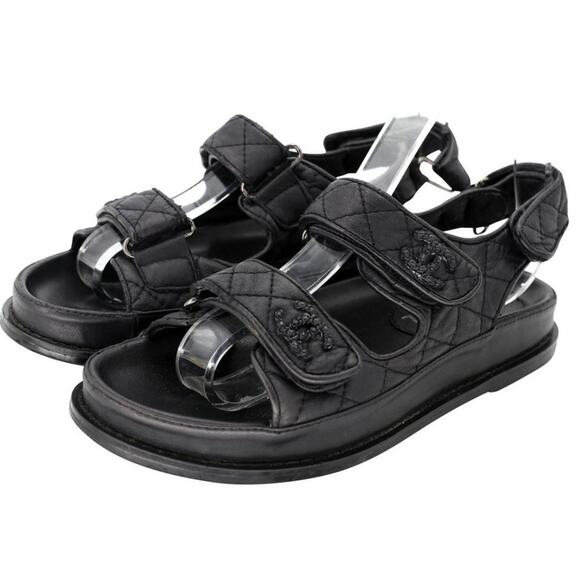 Chanel Dad Flats 36 Leather Lambskin Fabric Sandals CC-S0207P-C034 - Picture 3 of 10